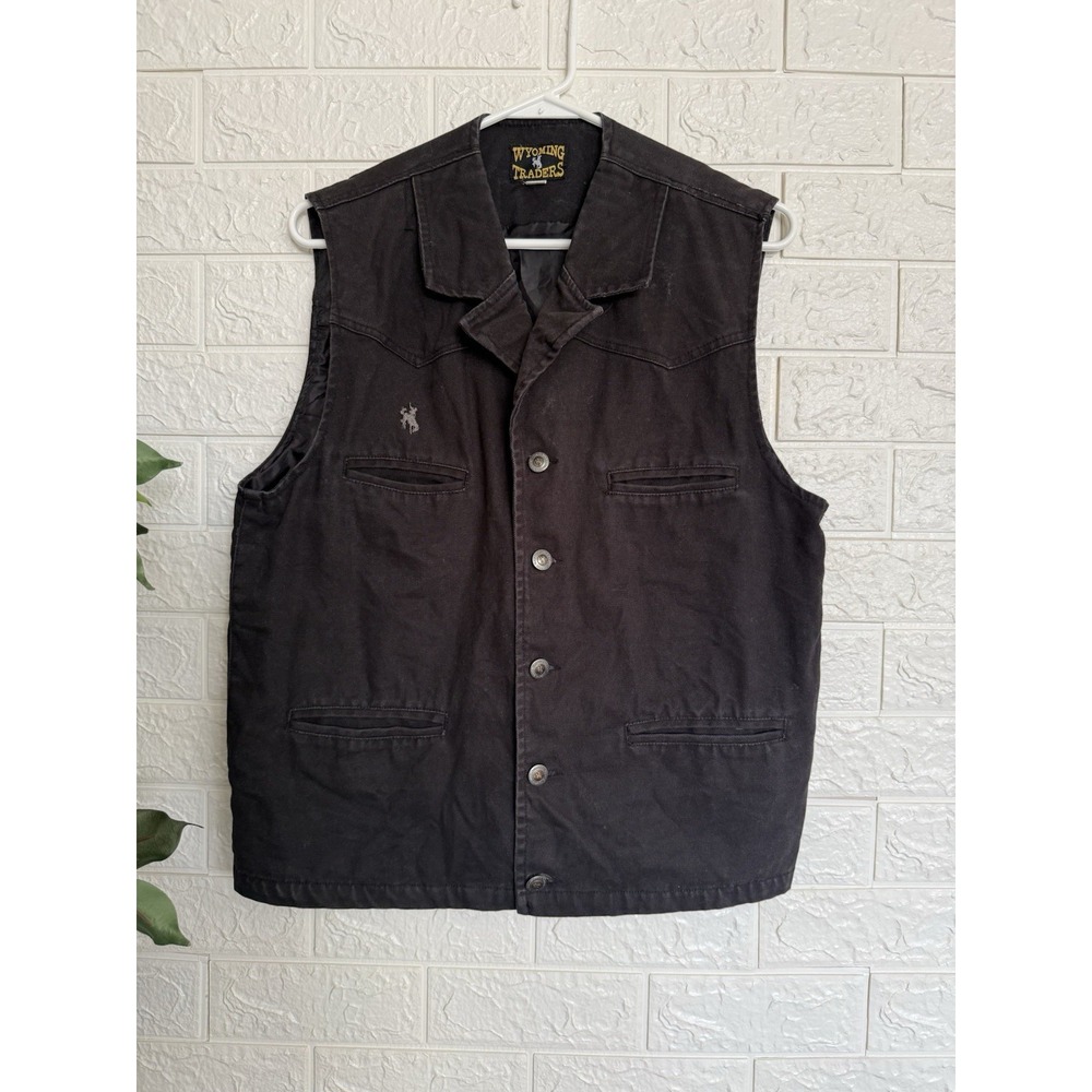 Vintage Wyoming Traders Black Denim Vest Mens Small Western Cowboy Rodeo Cotton